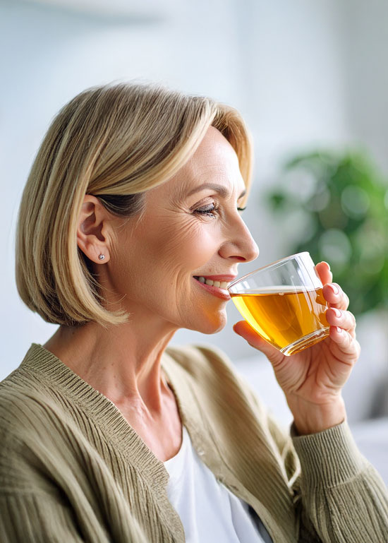 Solutions-complementaires Femme appréciant une boisson chaude dorée.