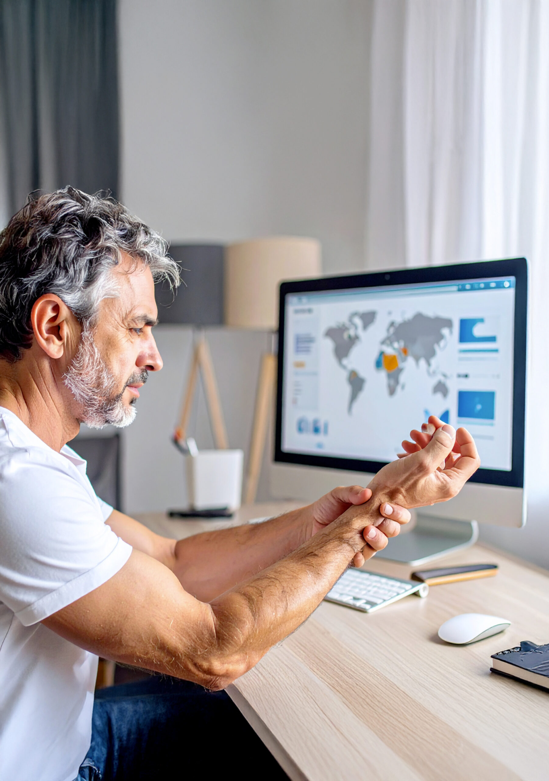 Firefly_Plan-rapproché-dans-un-intérieur-épuré,-baigné-d’une-lumière-diffuse-d’une-journée-pr-307965 Homme travaillant à l'ordinateur, se tenant le poignet.