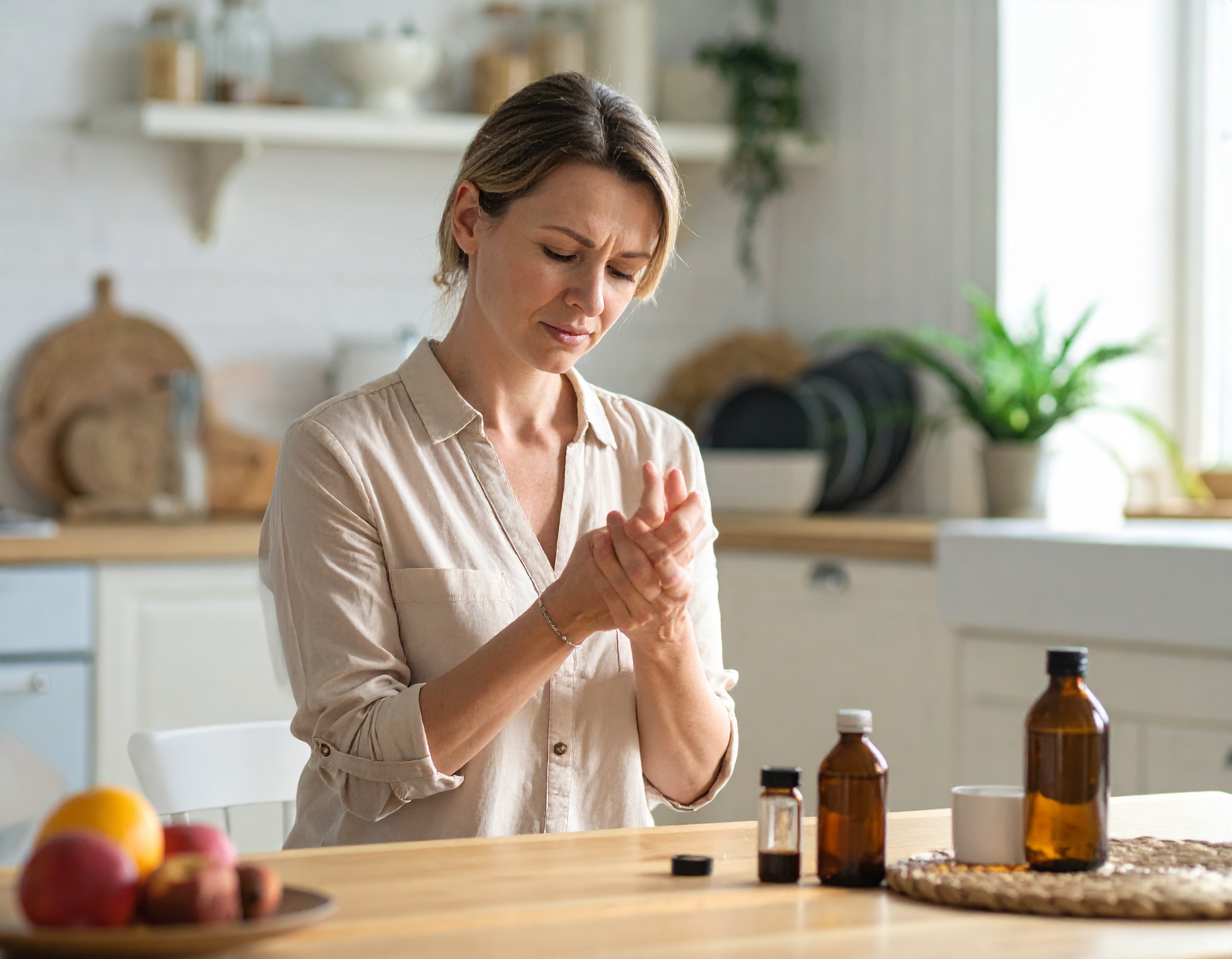 Firefly_Une femme 40 ans dans une cuisine regarde sa main douloureuse après avoir ouvert une 782029_PREVENIR