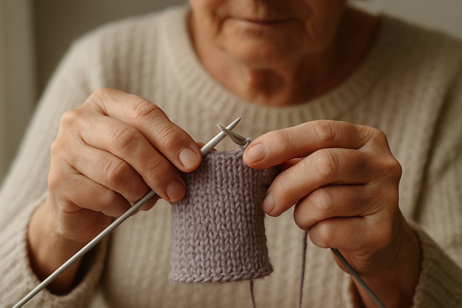 Femme âgée tricotant un petit ouvrage en laine.