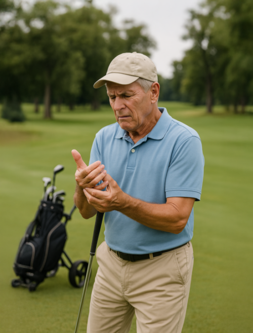 Golfista controlla il suo polso sul campo.