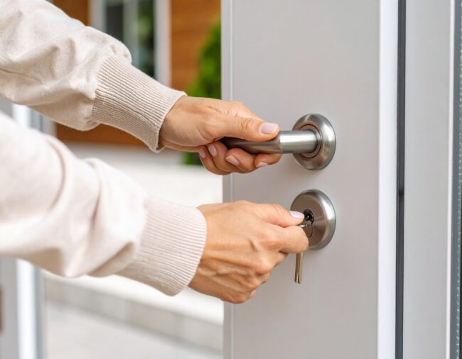 Mani che aprono una porta con una chiave