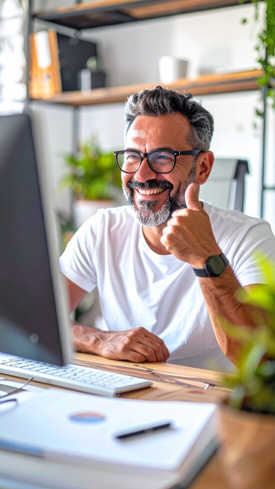 Uomo sorridente al computer con pollice in su