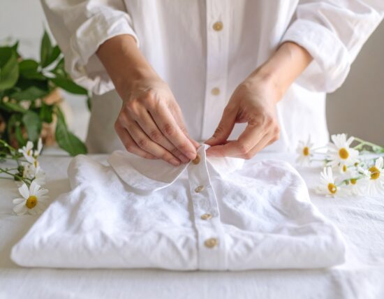 Donna piega una camicia bianca con fiori
