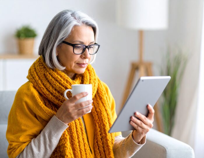 Donna anziana legge su un tablet con caffè.
