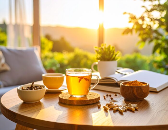 Tisana e snack su un tavolo al tramonto