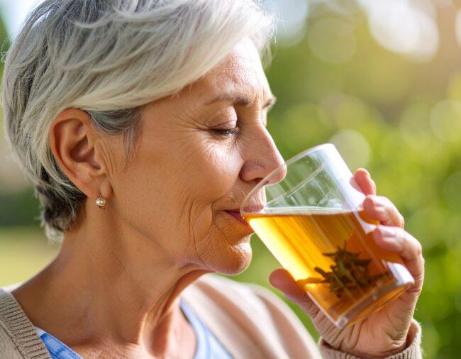 Donna anziana gusta una bevanda in un parco.