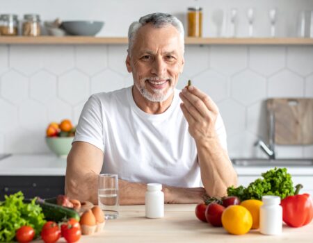Uomo sorridente con cibo sano in cucina.