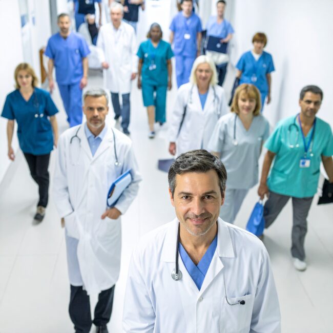 Gruppo di professionisti sanitari in corridoio
