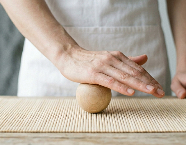 Main pressant une boule en bois sur tapis