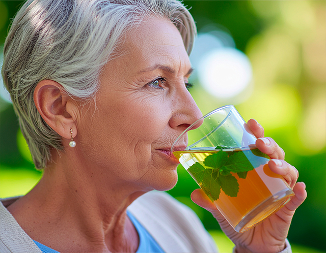 Femme senior buvant une tisane en plein air